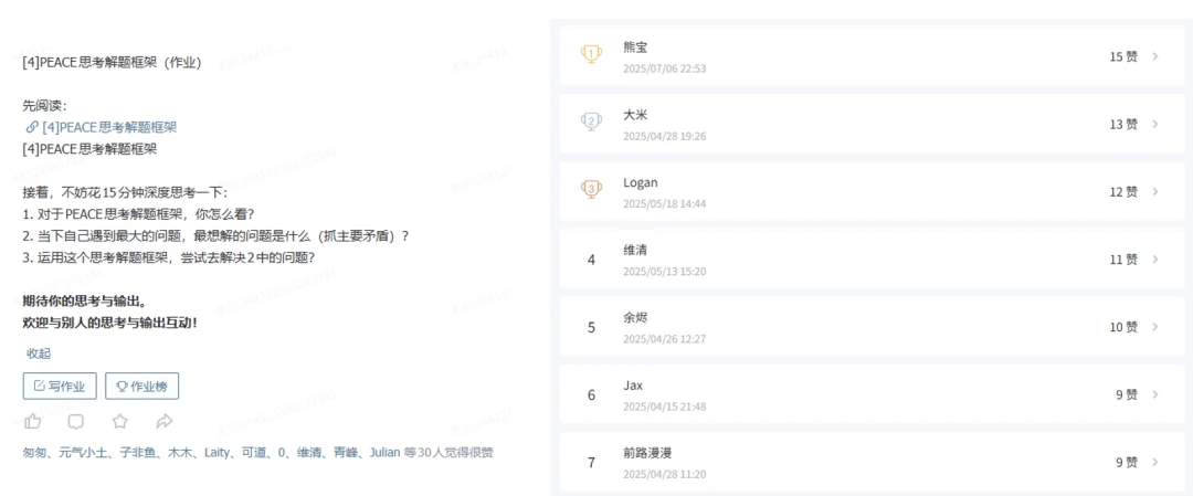 知识星球 成员认真完成PEACE思考作业并获得点赞的作业榜